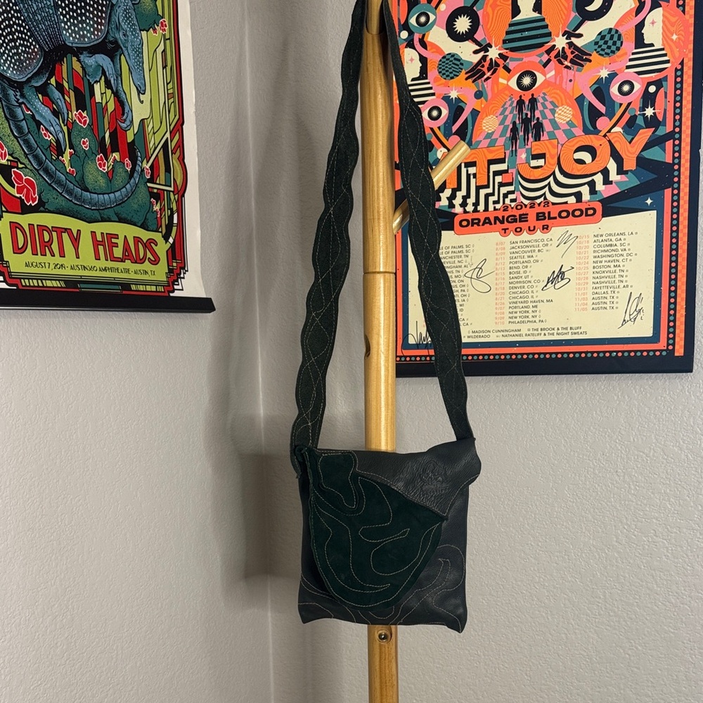 Dark Green Leather and Suede Shoulder Bag